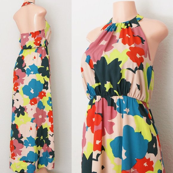 Jessica Simpson Vibrant Bold Colorful Floral Halter Neck Boho Long Maxi Dress 4 - Picture 5 of 16